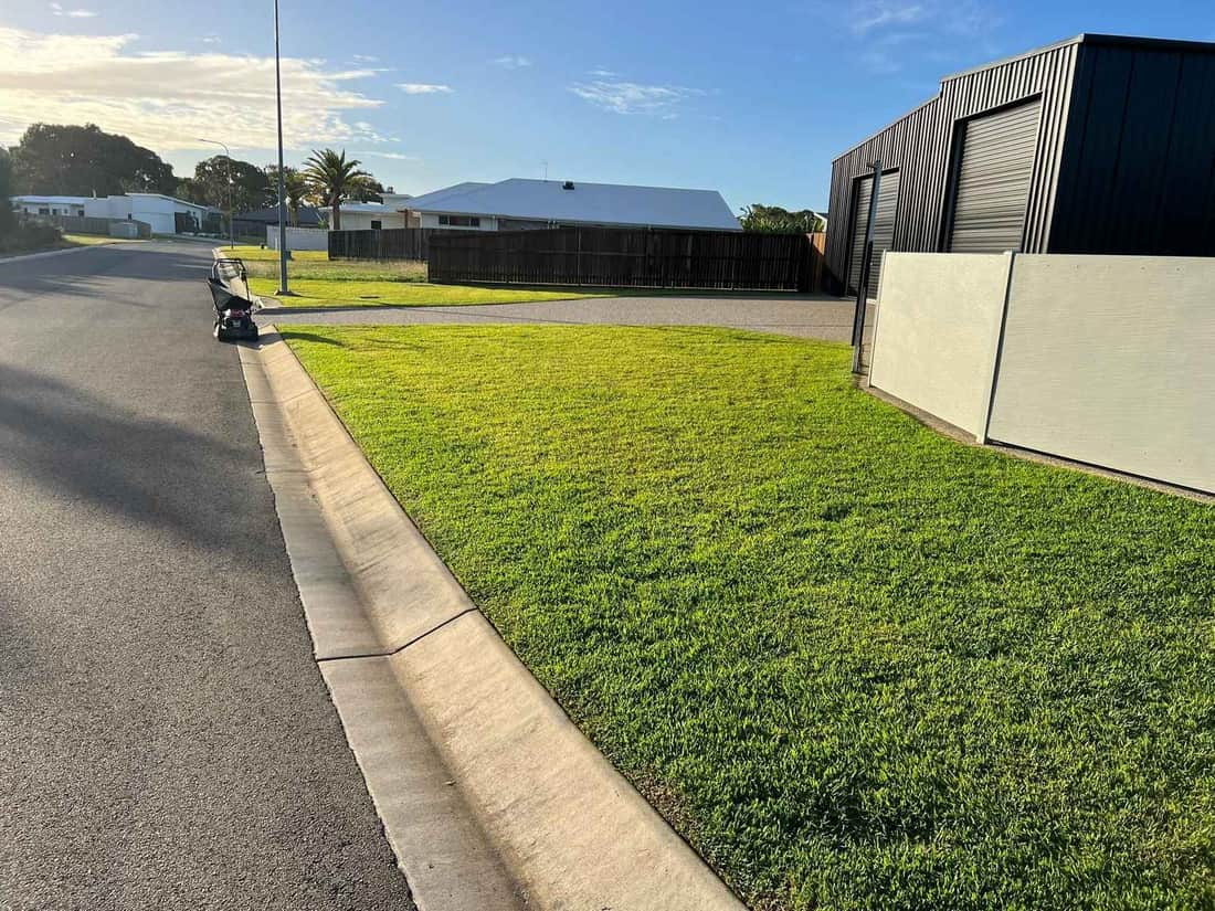 A mown nature strip running along a kerb in front of homes